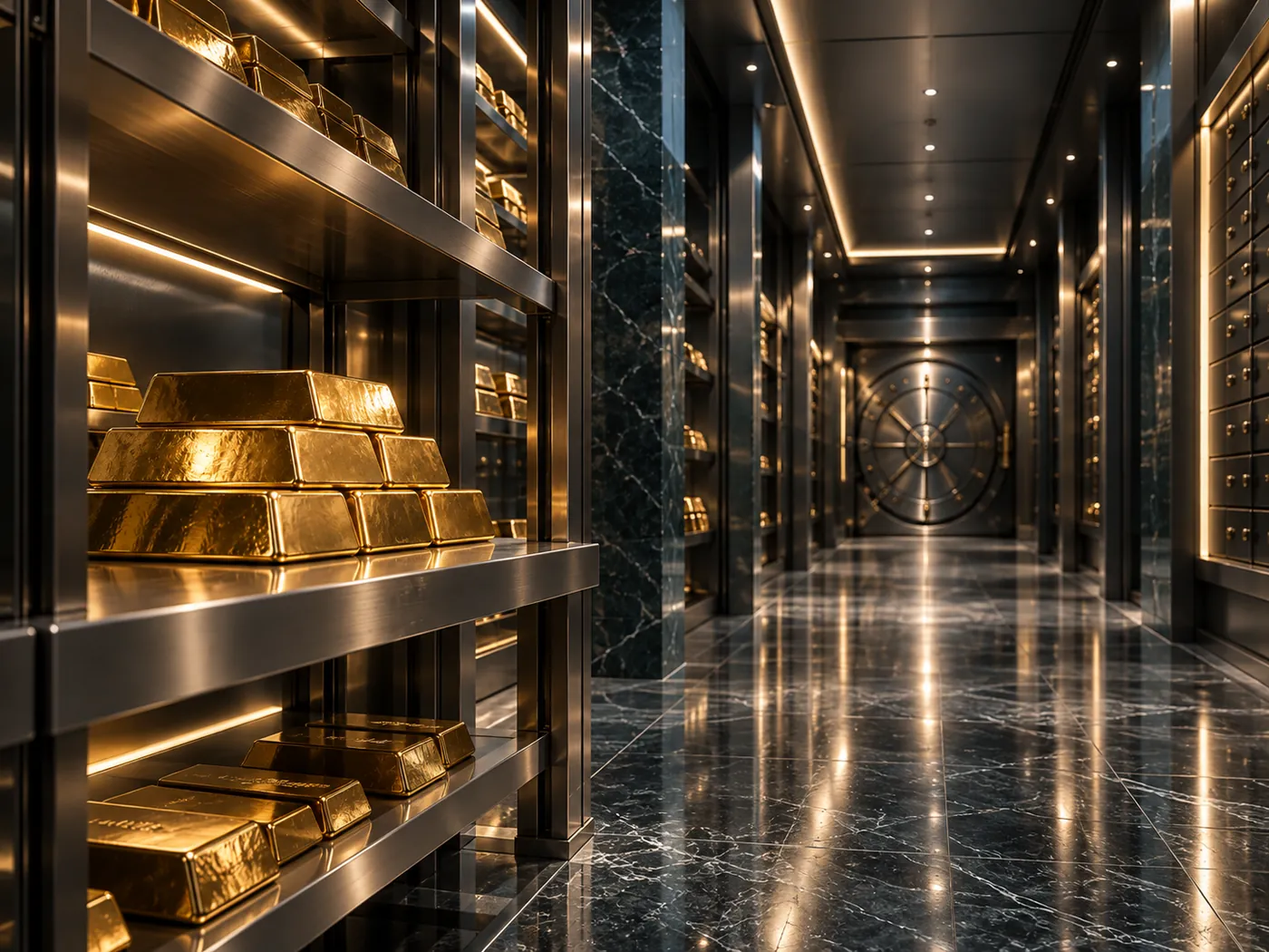 Gold bars on a shelf in a vault corridor