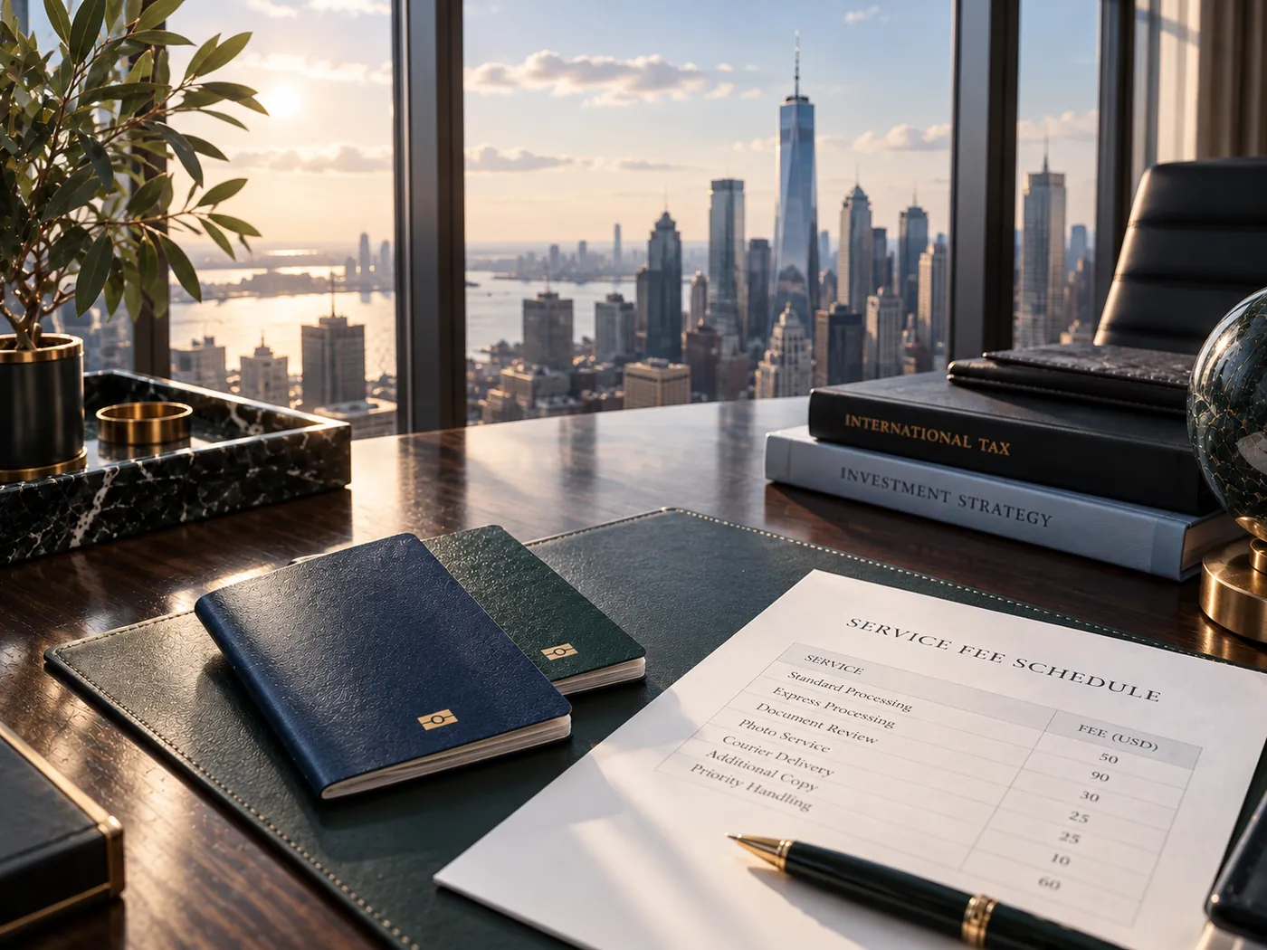 Passports on a desk next to a service fee schedule