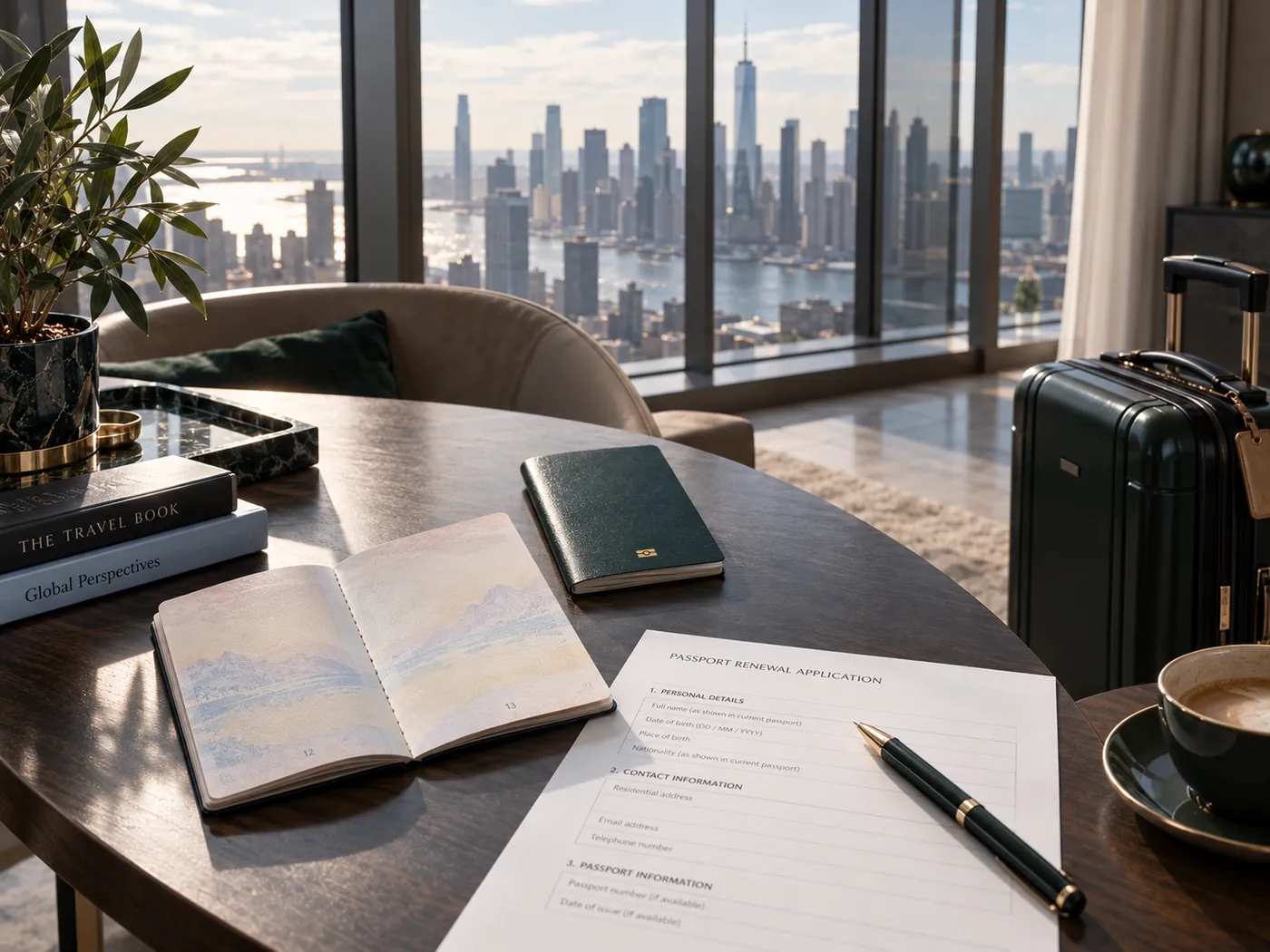 An open and a closed passport beside a passport renewal form, a suitcase by the window