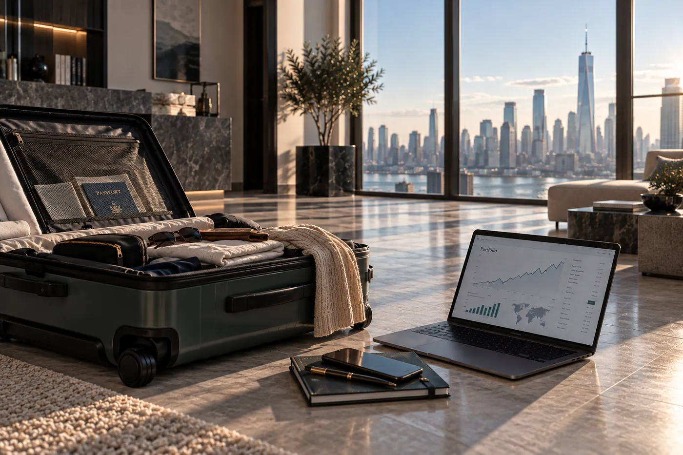 A packed suitcase and a laptop showing a portfolio chart in an apartment above the city