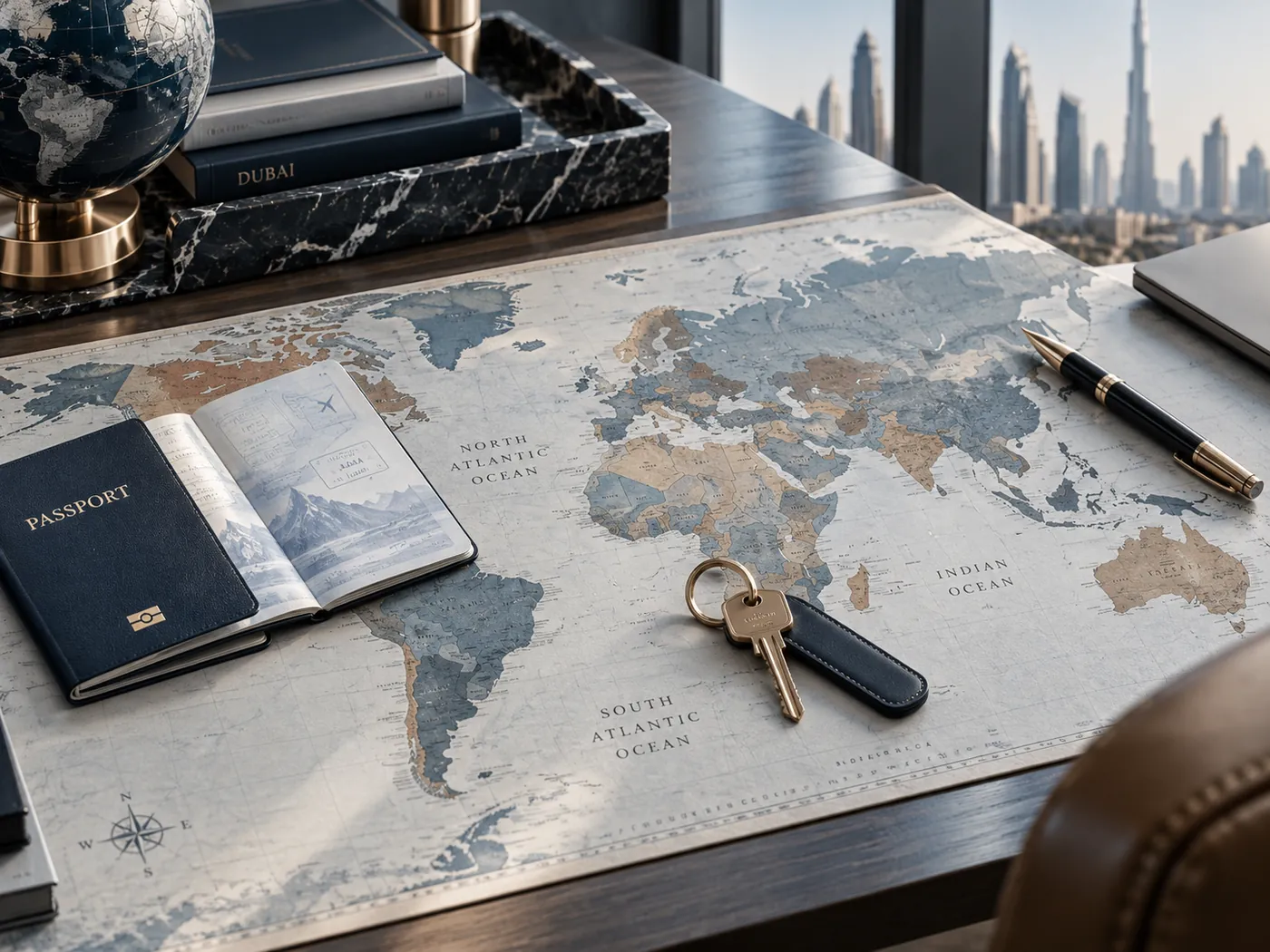 A passport and a key on a world map, on a desk above the Dubai skyline
