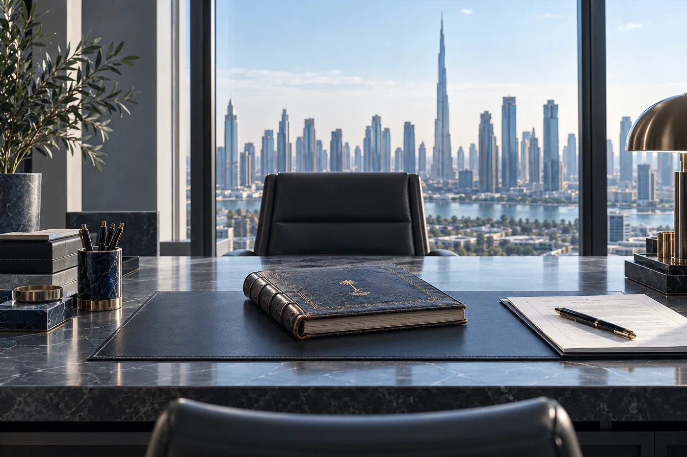 A leather-bound book and a pen on a desk overlooking the Dubai skyline