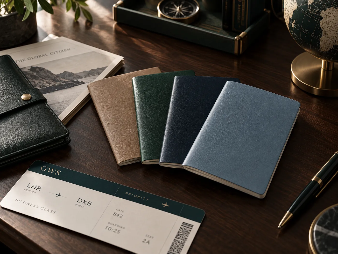 Passports in different colours beside a boarding pass from London to Dubai