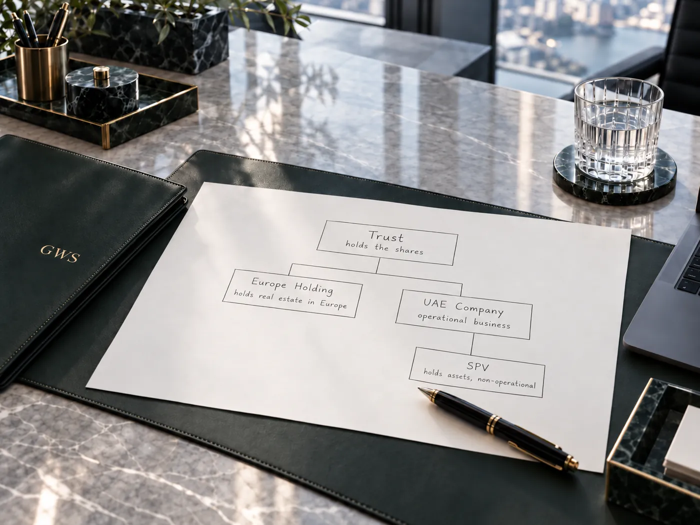 A hand-drawn chart of an international company structure on a desk