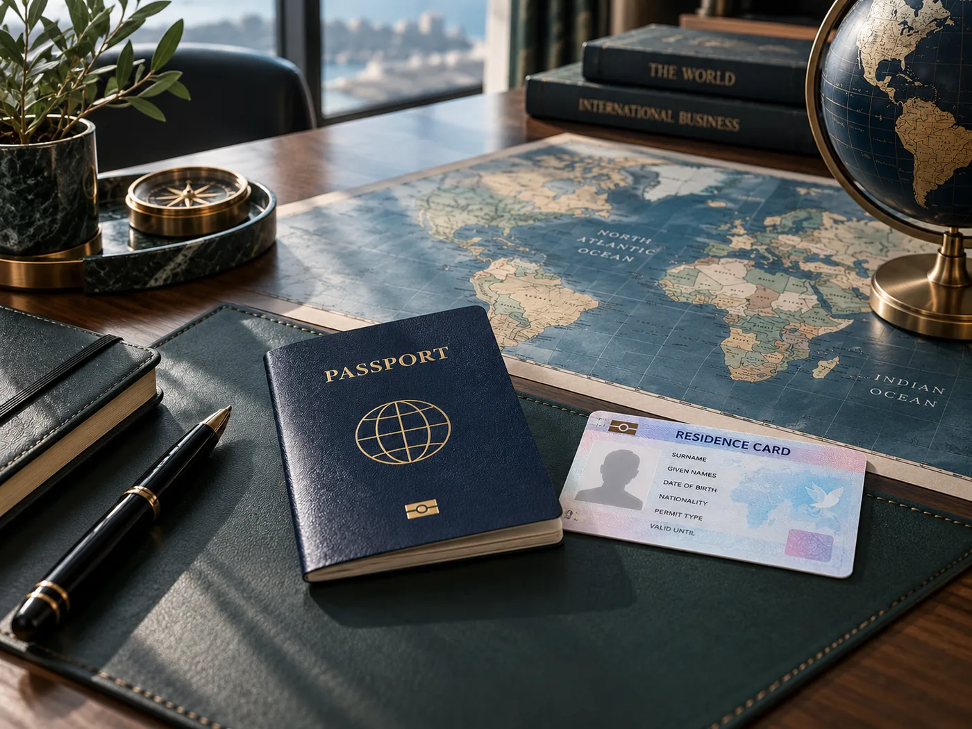 A passport and a residence card on a world map