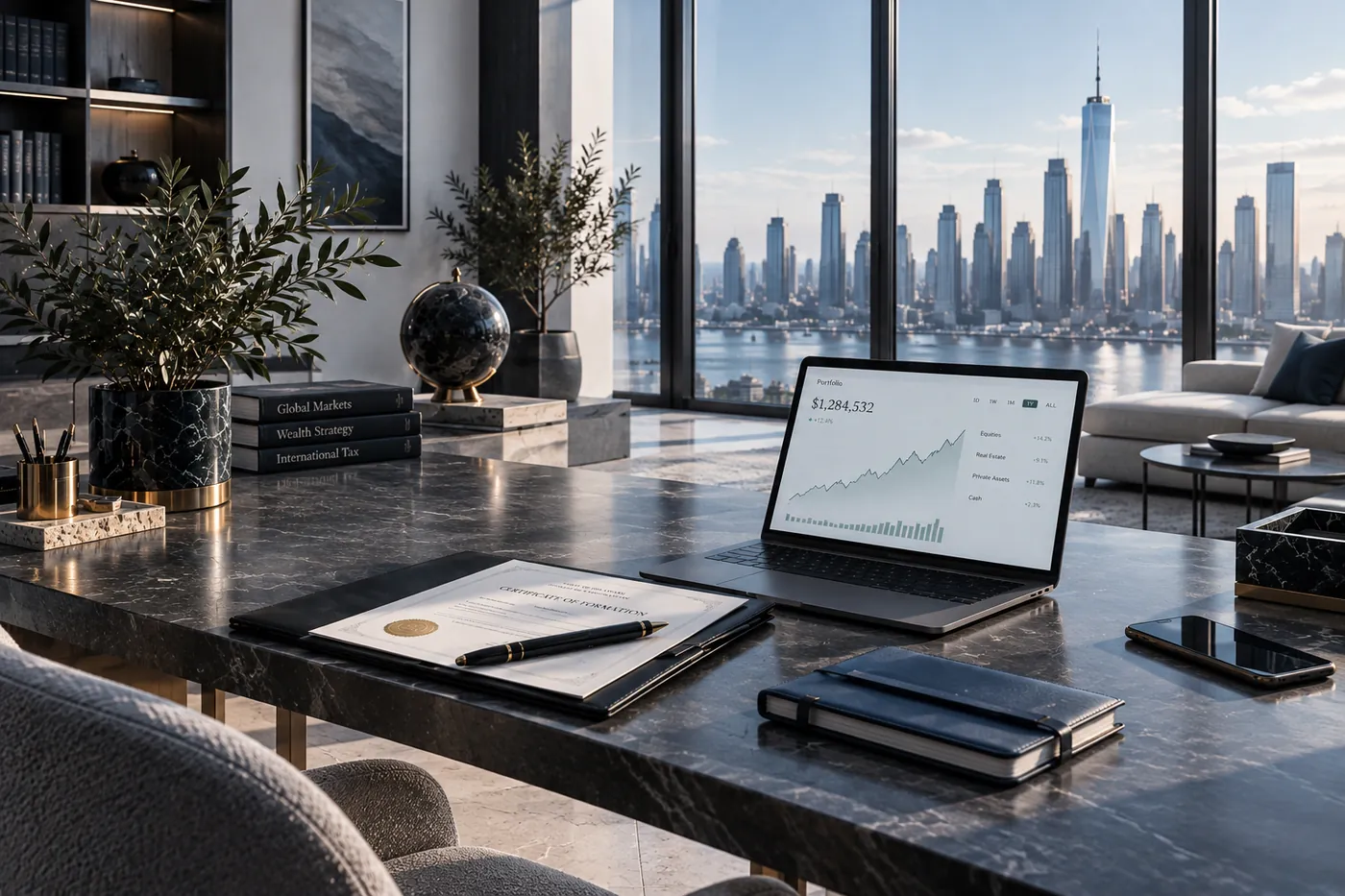 A laptop with a growth chart and documents on a desk above the city