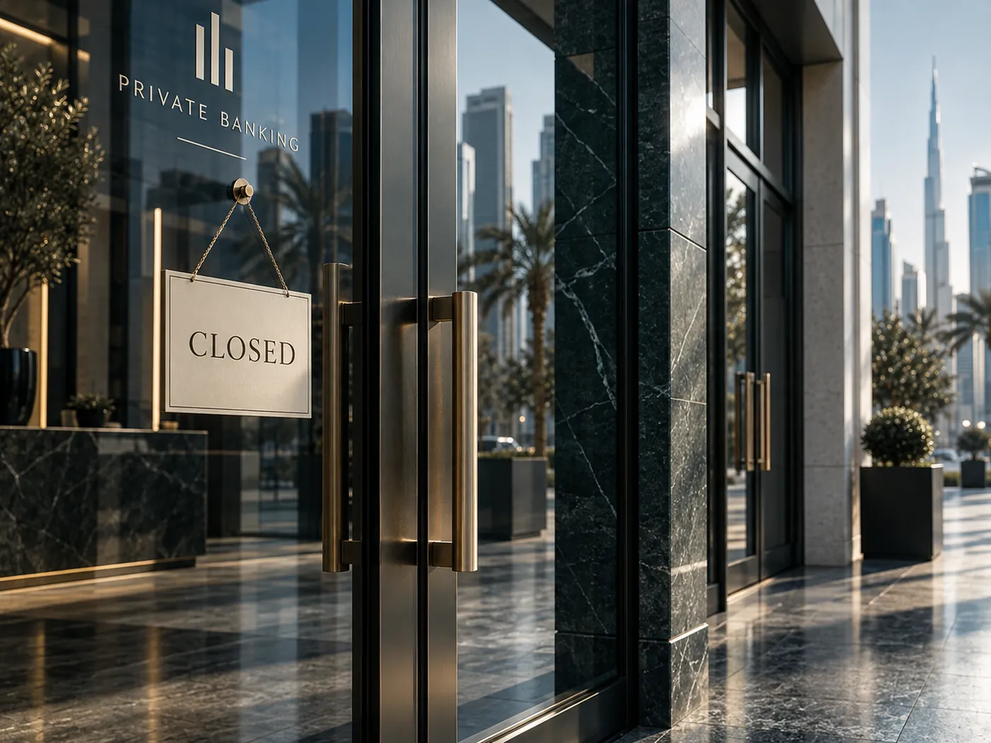 A private bank entrance with a closed sign, the city skyline behind it